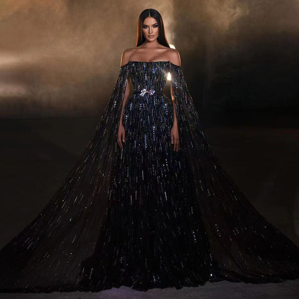 Serene Hill Black A Line Sexy Cape Sleeves Luxury Crystal Beaded Evening Dresses Gowns For Women Party 2025 LA71824