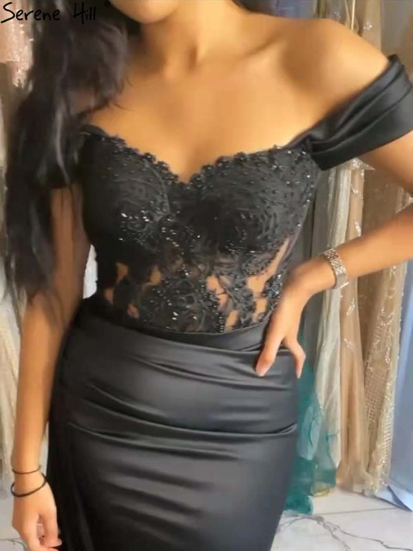 Serene Hill Black Beaded High Split Evening Dresses Gowns 2025 Mermaid Elegant Sexy For Women Party LA71461