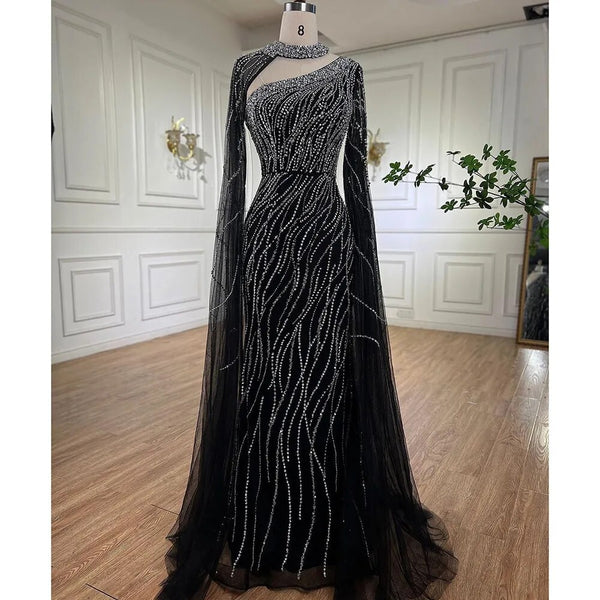 Serene Hill Black Mermaid Elegant Cape Sleeves Beaded Luxury Evening Dresses Gowns For Women Arabic Party 2025 LA72112