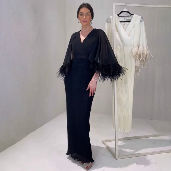 Serene Hill Black Mermaid Elegant Feather Cape Sleeves Morocco Evening Dresses Gowns For Woman Wedding Party 2025 LA71852