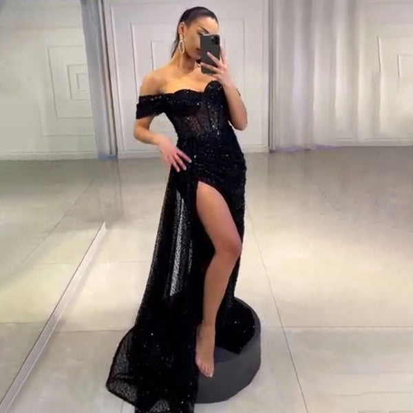 Serene Hill Black Mermaid High Split Evening Dresses Gowns 2025 Elegant Overskirt For Women Party LA71661