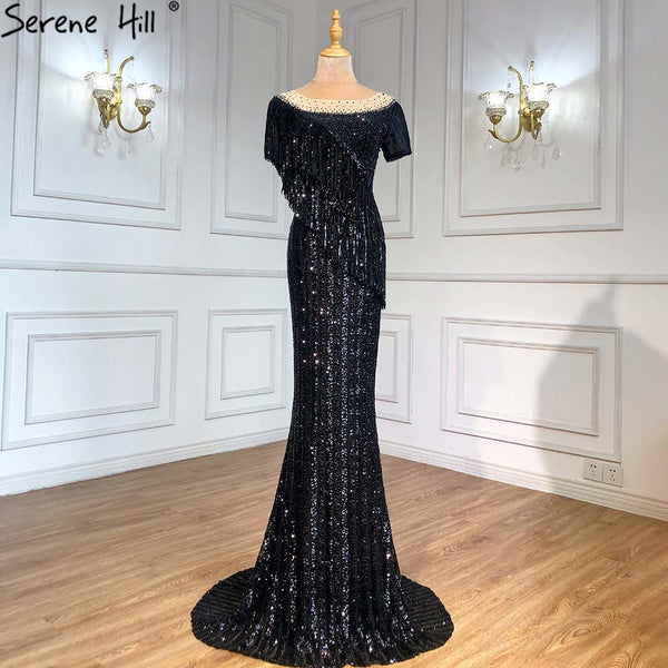 Serene Hill Black Mermaid Luxury Evening Dresses Gowns 2025 Beaded Tassel Elegant For Women Party LA71386