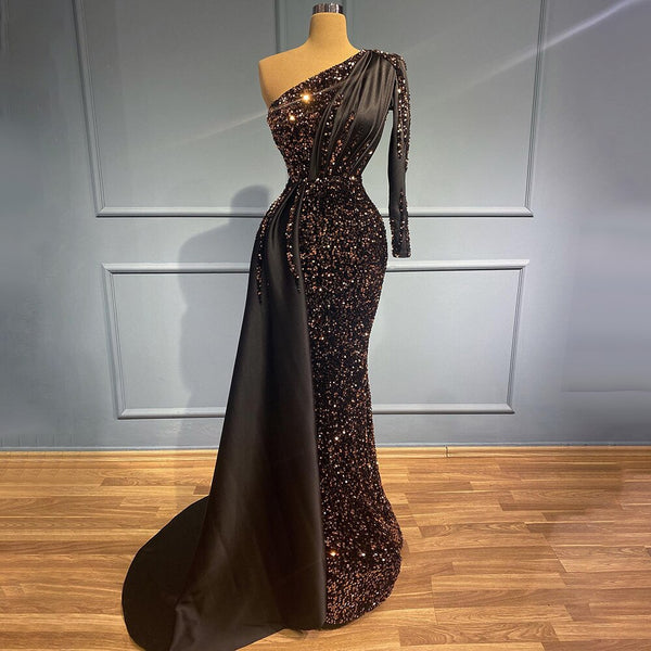 Serene Hill Black Mermaid One Shoulder Evening Dresses Gowns 2025 Sequin Luxury Elegant For Women Party LA71542