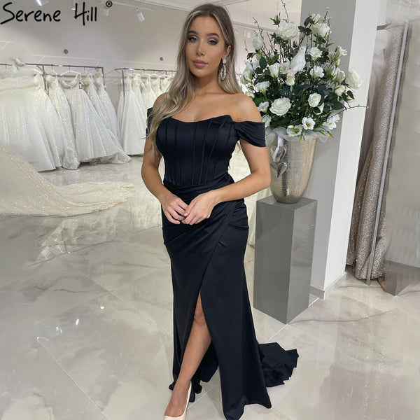 Serene Hill Black Mermiad Split Evening Dresses Gowns 2025 Elegant Simple Satin Sexy For Women Party LA71337