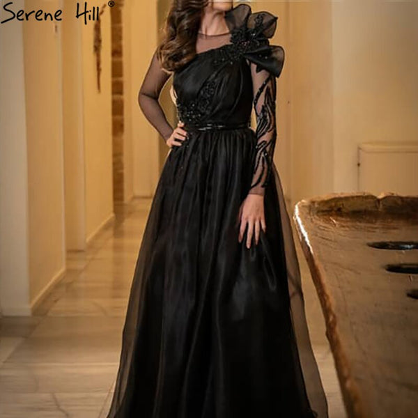 Serene Hill Black Satin A-Line Evening Dresses Gowns 2025 Beaded Sexy For Woman Wedding Party LA71213