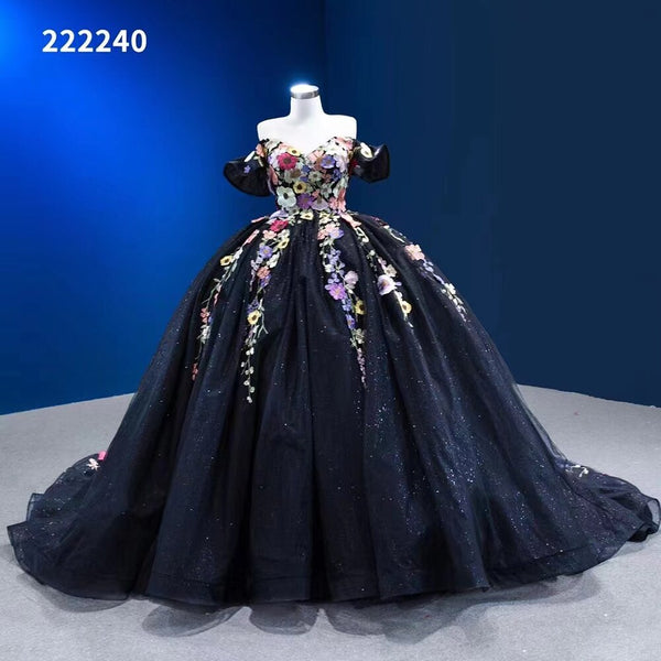 Serene Hill Black Sexy Off Shoulder Luxury Appliques Lace Up Ball Gowns Wedding Dress 2025 High End Custom Made HM222240