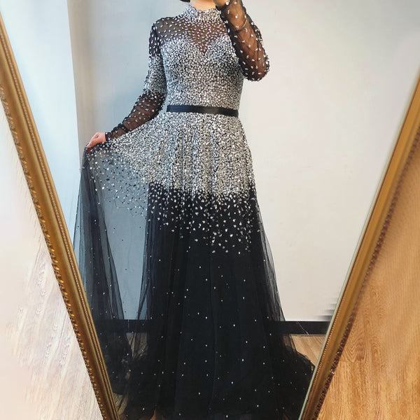 Serene Hill Black Silver A-Line High Neck Evening Dresses Sequined Long Sleeves Sexy Formal 2025 For Women Party LA70066