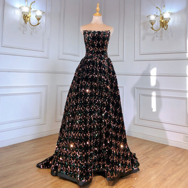 Serene Hill Black Evening Dresses Gowns 2025 Sequin Luxury A-Line For Women Wedding Party LA71523
