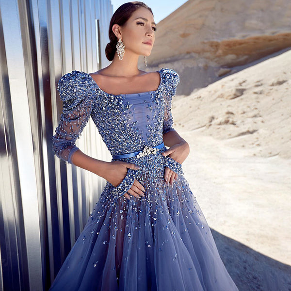 Serene Hill Blue A-Line Luxury Evening Dresses Gowns 2025 Beaded Ankle Length For Women Party LA71631