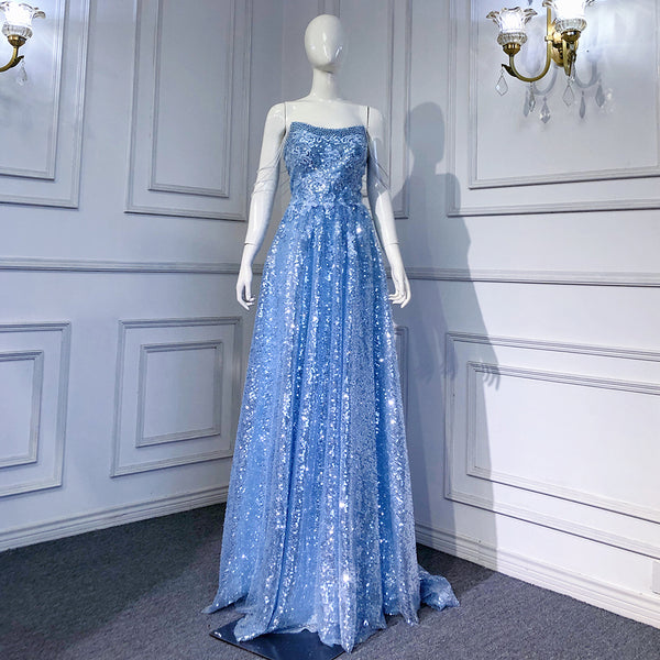 Serene Hill Blue A-line Luxury Evening Dresses Gowns 2025 Beaded Sparkle Sexy For Women Wedding Party LA71609