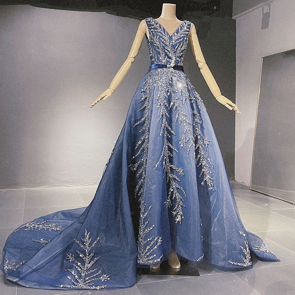 Serene Hill Blue Beaded Bling Evening Dresses Gowns 2025 V-Neck Sexy Luxury A-Line For Women Party LA71508