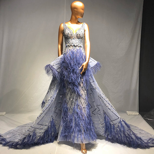 Serene Hill Blue Beaded Feather Evening Dresses Gowns 2025 Mermaid Luxury Elegant Overskirt For Women Wedding Party LA71586