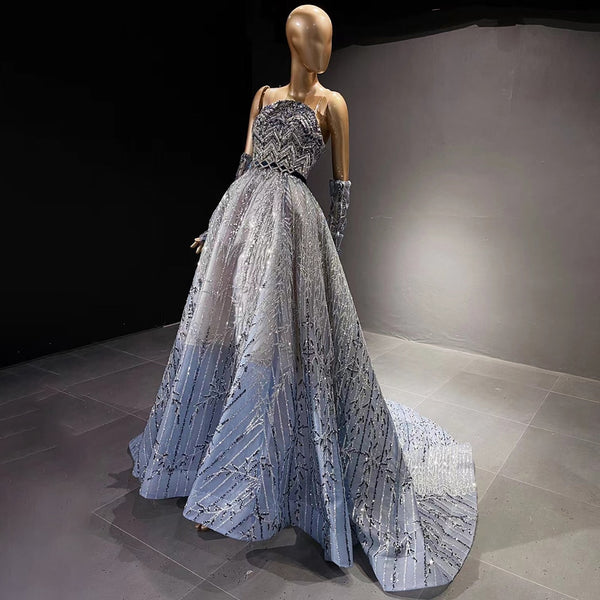 Serene Hill Blue Beaded Luxury Evening Dresses Gowns 2025 Detachable Sleeves A-Line For Women Party LA71506