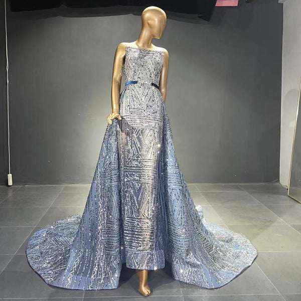 Serene Hill Blue Beaded Sleeveless Evening Dresses Gowns 2025 Luxury A-Line Overskirt For Women Wedding Party LA71588