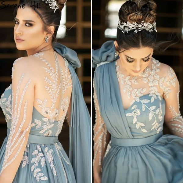 Serene Hill Blue Cape Sleeve Sexy Evening Dresses Gowns 2025 Beaded A-Line For Woman Wedding Party LA70308