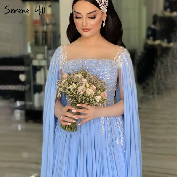 Serene Hill Blue Cape Sleeves Evening Dresses Gowns 2025 Beaded A-Line Chiffon For Women Party LA71319