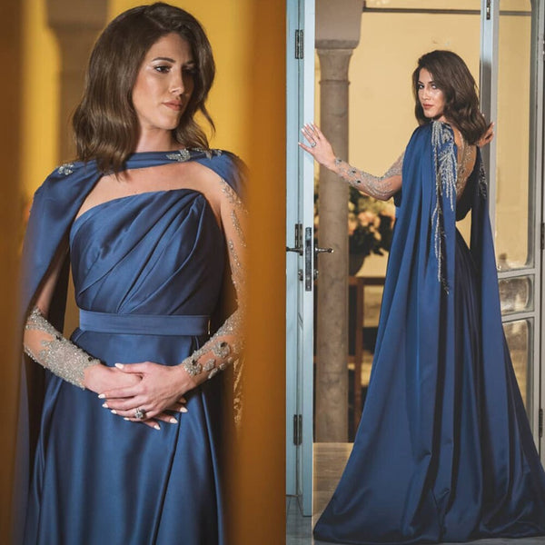 Serene Hill Blue Cape Sleeves Evening Dresses Gowns 2025 Beaded Satin Sexy A-Line For Woman Party  LA71215