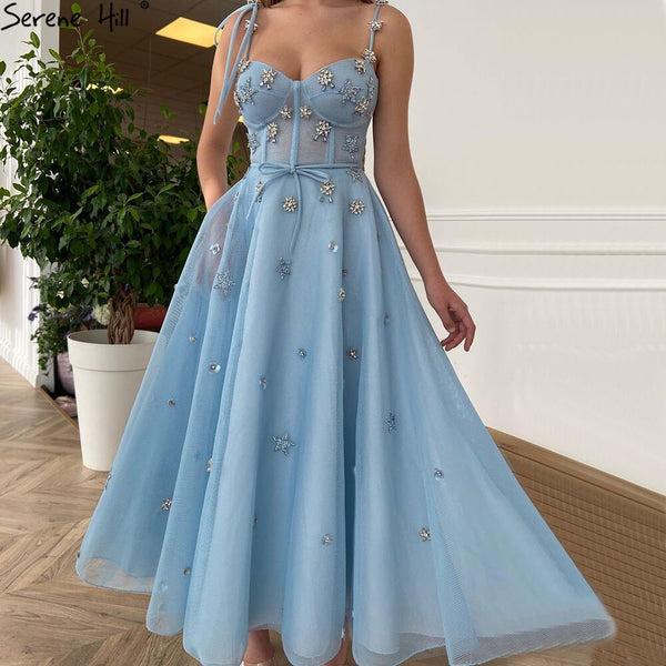 Serene Hill Blue Diamond A-line Evening Dresses Gowns 2025 Spaghetti Srtap Sexy Ankle Length For Women Party LA70862