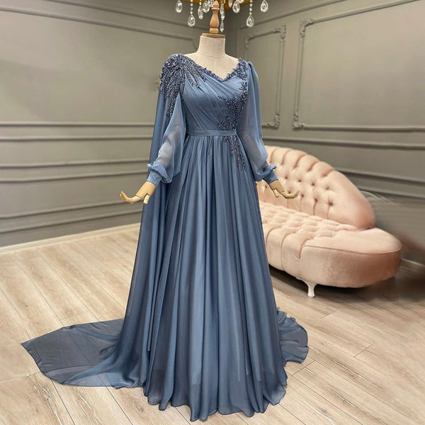 Serene Hill Blue Kralen Cape Mouwen Avond Jurken 2025 A-lijn Luxe Voor Vrouwen Wedding Party LA71550