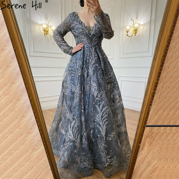 Serene Hill Blue Lace Beaded Evening Dresses Gowns 2025 A-Line Luxury For Woman Wedding Party LA71249