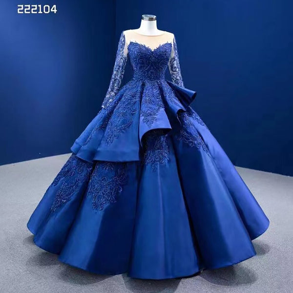 Serene Hill Blue Long Ssleeves Beaded Lace Lace Up Ball Gown Bride Gowns Wedding Dress High End Custom Made 2025 HM222104
