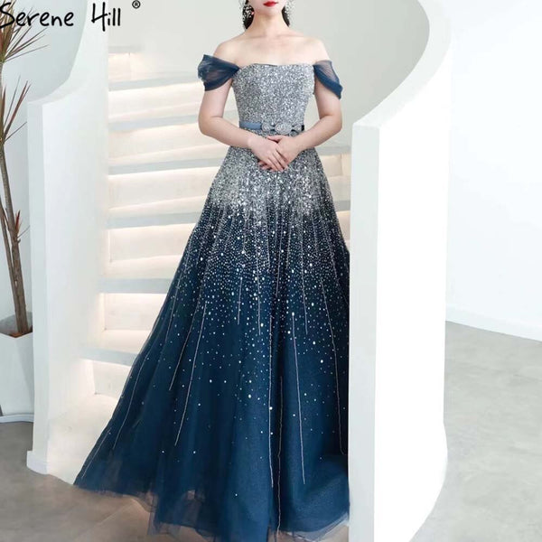 Serene Hill Blue Luxury A-Line Evening Dresses Gowns 2025 Beaded Bling Lace Up For Women Party LA71157A