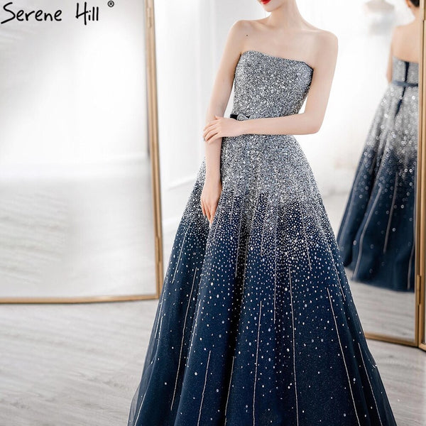 Serene Hill Blue Luxury Evening Dresses Gowns 2025 Beaded Bling A-Line Luxury For Women Party LA71157