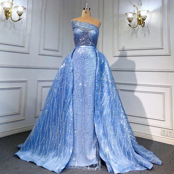 Serene Hill Blue Mermaid Backless Evening Dresses Gowns 2025 Luxury Beaded Elegant Detachable Skirt For Woman Party LA71665