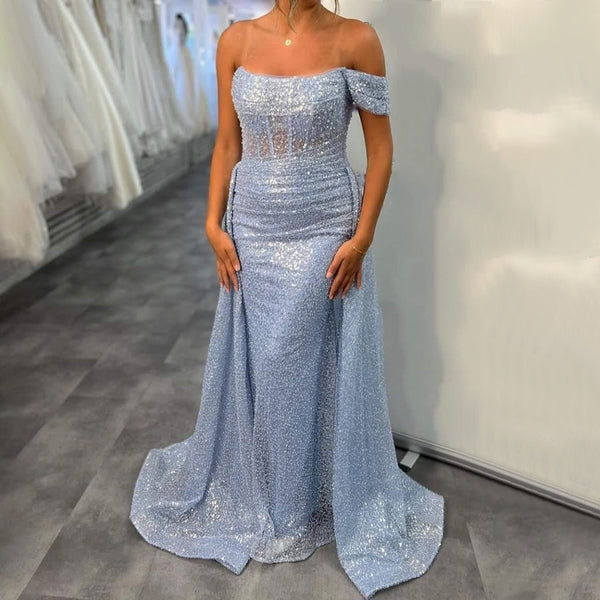 Serene Hill Blue Mermaid Elegant Sexy Off Shoulder Overskirt  Evening Dresses Gowns Beaded 2025 For Women Party LA71729