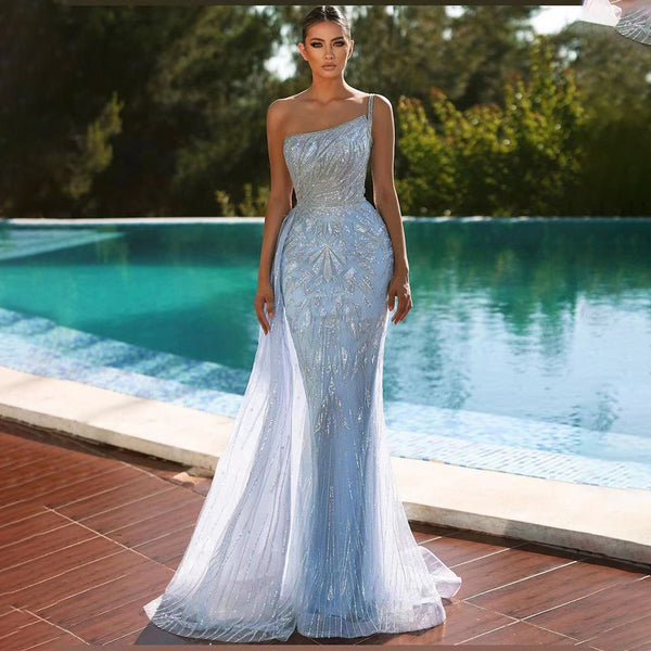 Serene Hill Blue Mermaid Elegant With Overskirt Sexy One Shoulder Luxury Beaded Evening Dresses Gowns 2025 Women Party LA71730