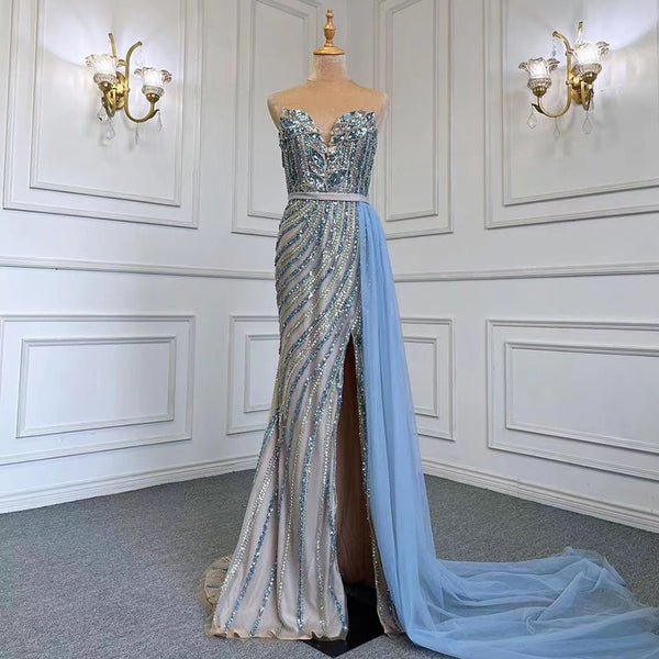 Serene Hill Blue Mermaid Elegant With Skirt Sexy Evening Dresses Gowns Luxury Beaded 2025 For Women Party LA71743