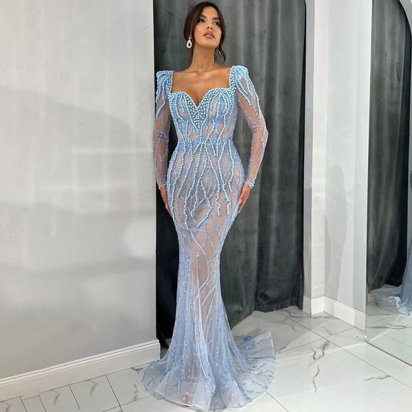 Serene Hill Blue Mermaid Luxury Pearls Beaded Arabic Elegant Evening Dresses Gowns For Woman Wedding Party LA71861