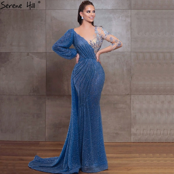 Serene Hill Blue Mermaid O-Neck Evening Gowns 2025 Dubai Long Sleeves Beading Sparkle Formal Dress LA70759