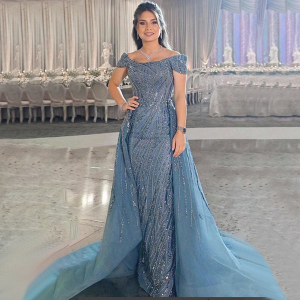 Serene Hill Blue Mermaid Off Shoulder Avond Jurken 2025 Luxe Kralen Overrok Elegant Voor Vrouw Party LA71566
