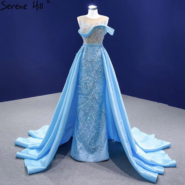 Serene Hill Blue Mermaid Overskirt Evening Dresses Gowns 2025 Beaded Elegant Luxury Satin For Women Party HM67366