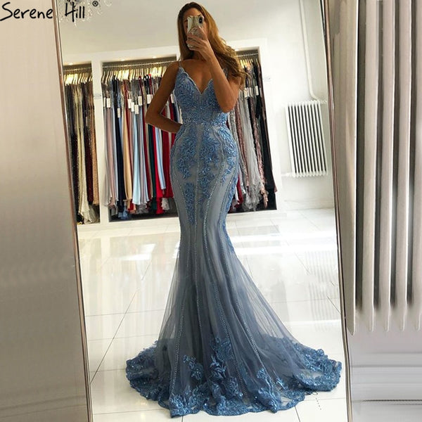 Serene Hill Blue Mermaid Sexy Evening Dresses Sleeveless Beading Lace High-end Formal Dress Design LA70724