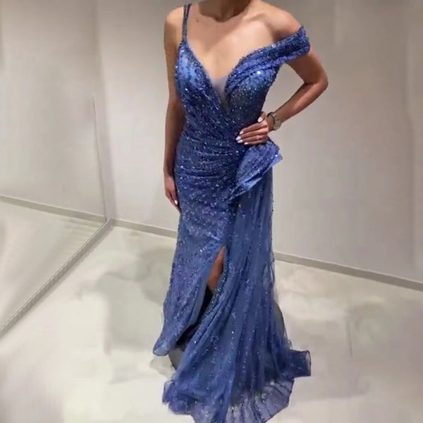 On Sale  no return no refundSerene Hill Blue Mermaid Split Evening Dresses Gowns 2025 Beaded Elegant Luxury For Women Party LA71663