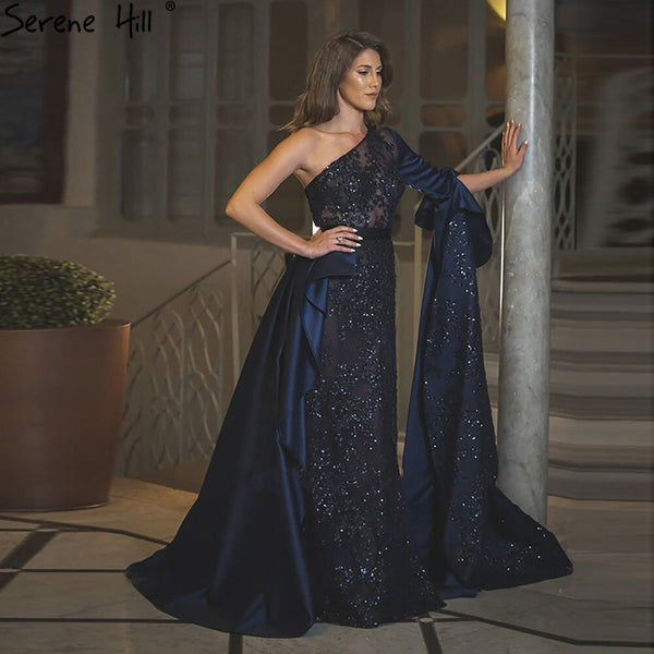 Serene Hill Blue Mermiad Satin Evening Dresses Gowns 2025 Elegant One Shoulder Overskirt For Women Party LA71236