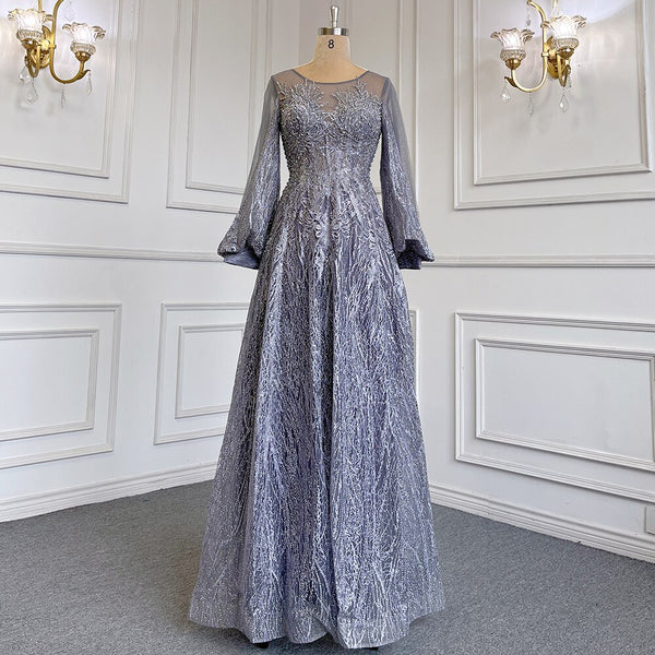 Serene Hill Blue Muslim A-Line O-Neck Evening Dresses Gowns Luxury Crystal Beaded 2025 For Women Wedding Party LA71700