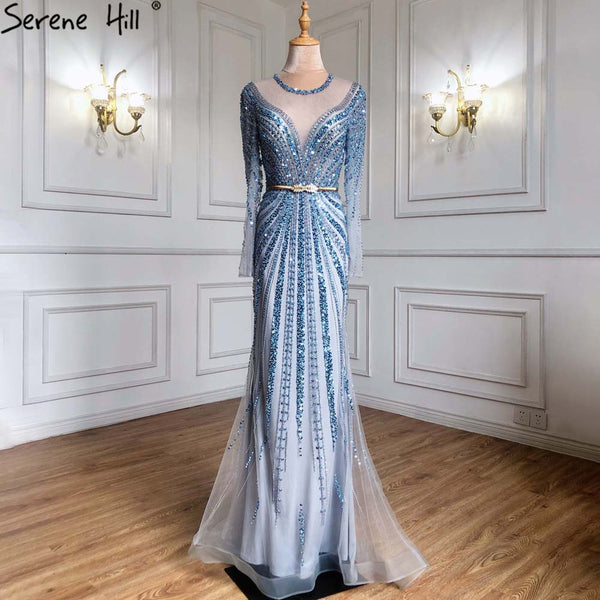 Serene Hill Blue Muslim Mermaid Elegant Evening Dresses Gowns 2025 Luxury Beaded For Women Party LA71374