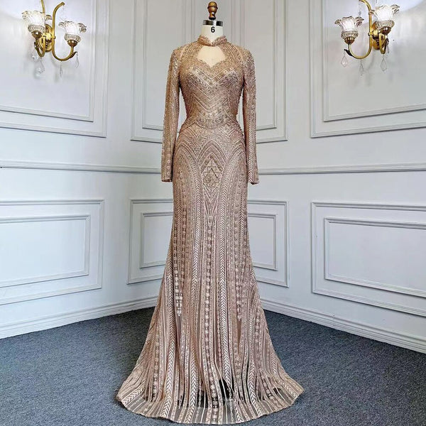 Serene Hill Blue Muslim Mermaid Elegant High Neck Evening Dresses Gowns Luxury Beaded 2025 For Women Party LA71742