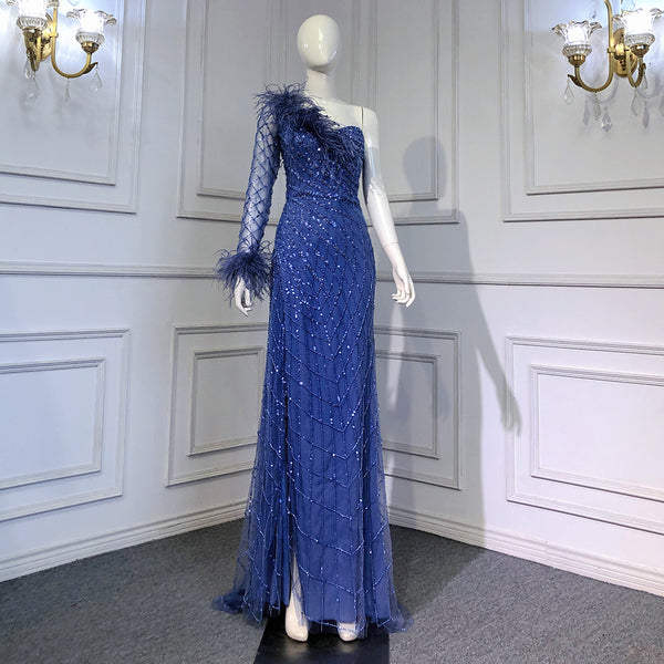 Serene Hill Blue One Shoulder Mermaid Evening Dresses Gowns 2025 Beaded Feather Elegant Luxury For Women Party LA71612