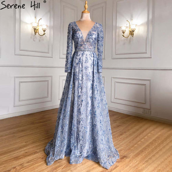 Serene Hill Blue Overskirt Mermaid Evening Dresses Gowns 2025 Luxury Beaded Elegant For Women Party LA71376