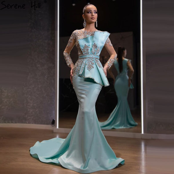 Serene Hill Blue Satin Beaded Mermaid  Evening Dresses Gowns 2025 Elegant Luxury  Gowns For Women Party LA71180