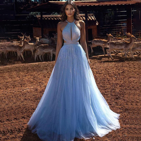 Serene Hill Blue Sexy A-Line 2025 Beaded Halter Graduation School Party Gown  Celebrity Prom Dresses LA71882