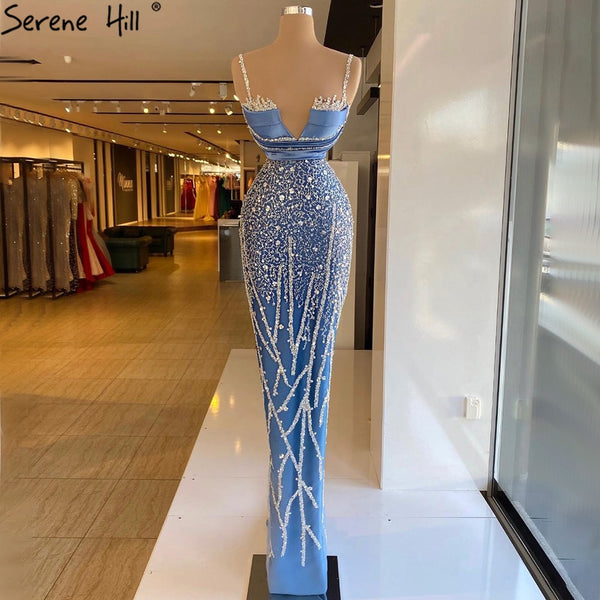 Serene Hill Blue Spaghetti Strap Mermaid Evening Dresses Gowns 2025 Luxury Beaded Elegant For Women Party LA71243