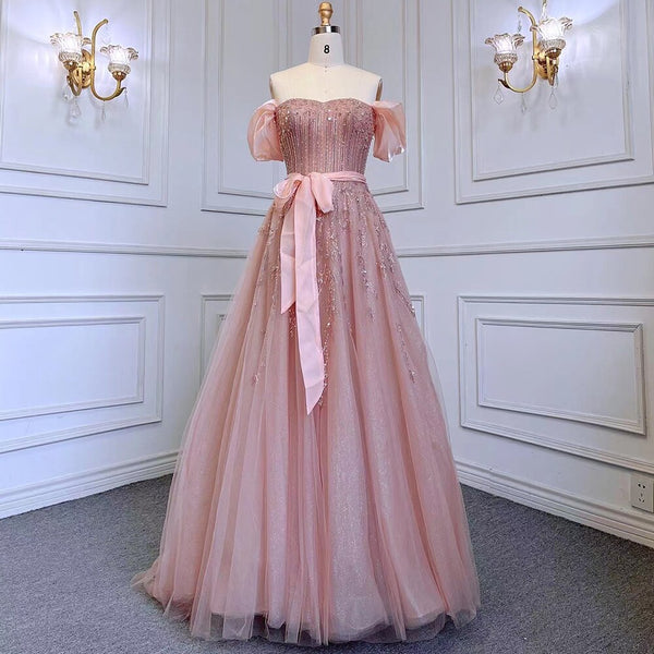 Serene Hill Blush Pink A-Line Sexy Off Shoulder Arabic Beading Crystal Luxury Evening Dress Women Formal Prom Dresse LA71745