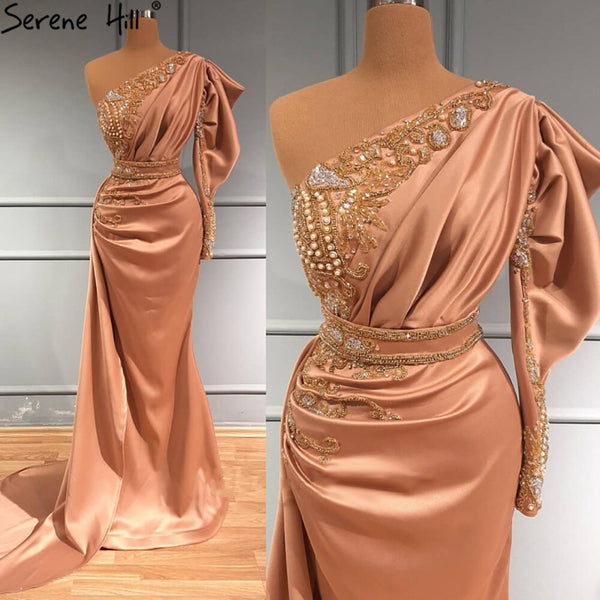 Serene Hill Blush Pink Mermiad Satin Evening Dresses Gowns 2025 One Shoulder Elegant Beaded For Women Party LA71200