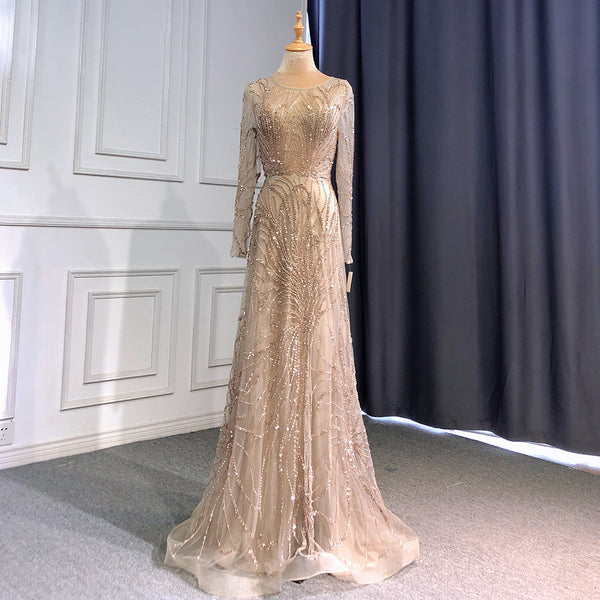Serene Hill Caramel A-Line Luxury Evening Dresses Gowns 2025 O-Neck Long Sleeve Beaded For Women Party LA71667