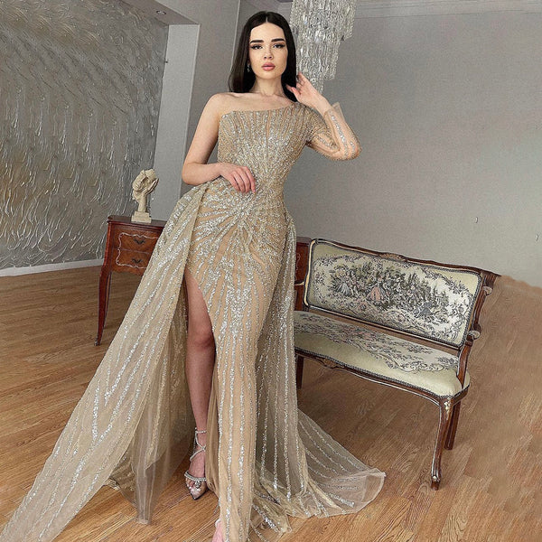 Serene Hill Caramel Mermaid One-Shoulder Llong Sleeves Detachable Skirt Evening Dresses Gowns 2025 Elegant Beaded Luxury LA71677